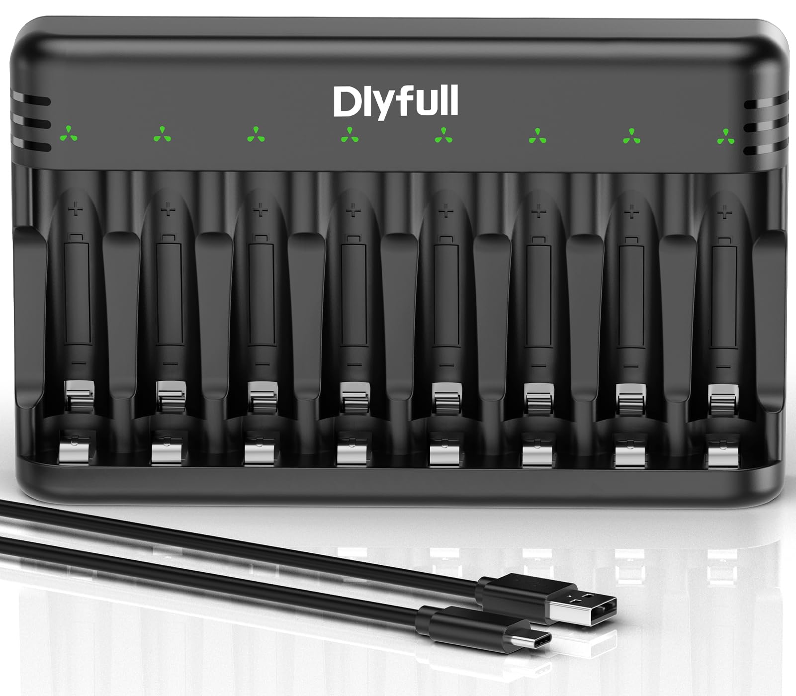 Dlyfull 電池充電器 単4 単3 充電池 充電器、USB Type-C入力 8スロット単三 単4 充電器/充電式ニッケル水素電池 充電器/ニカド充電池に対応 同時充電 LEDライト 単3 バッテリー 充電器 エネループ 充電器 単3 充電池充電器 (黒色)