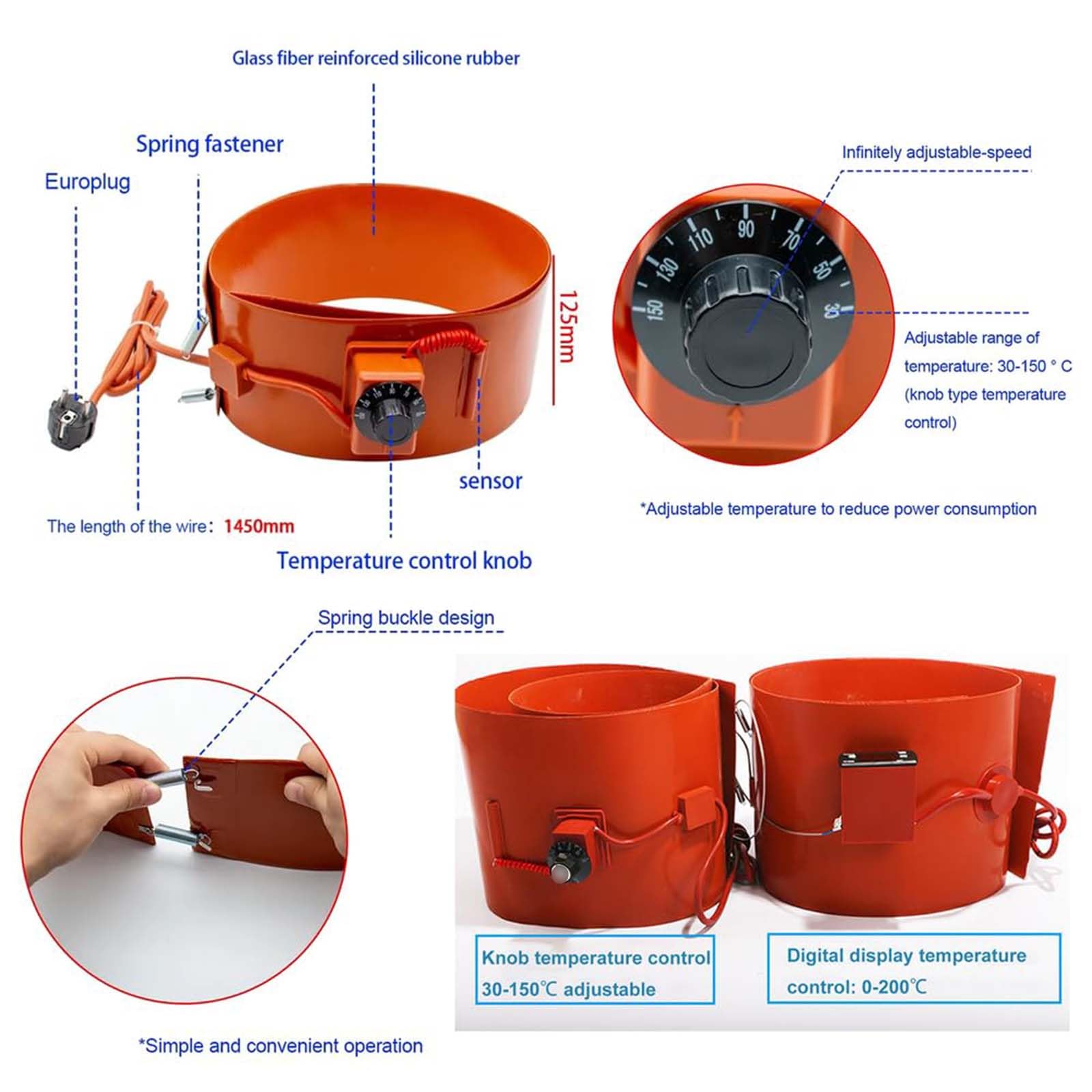 Riscaldatore Elettrico Industriale per Fusti, Fascia Riscaldante in Silicone con Termostato, Fusti per Olio e Miele, Protezione Antigelo/Condensa per Barili E Secchi,Digital Display,200L3000W