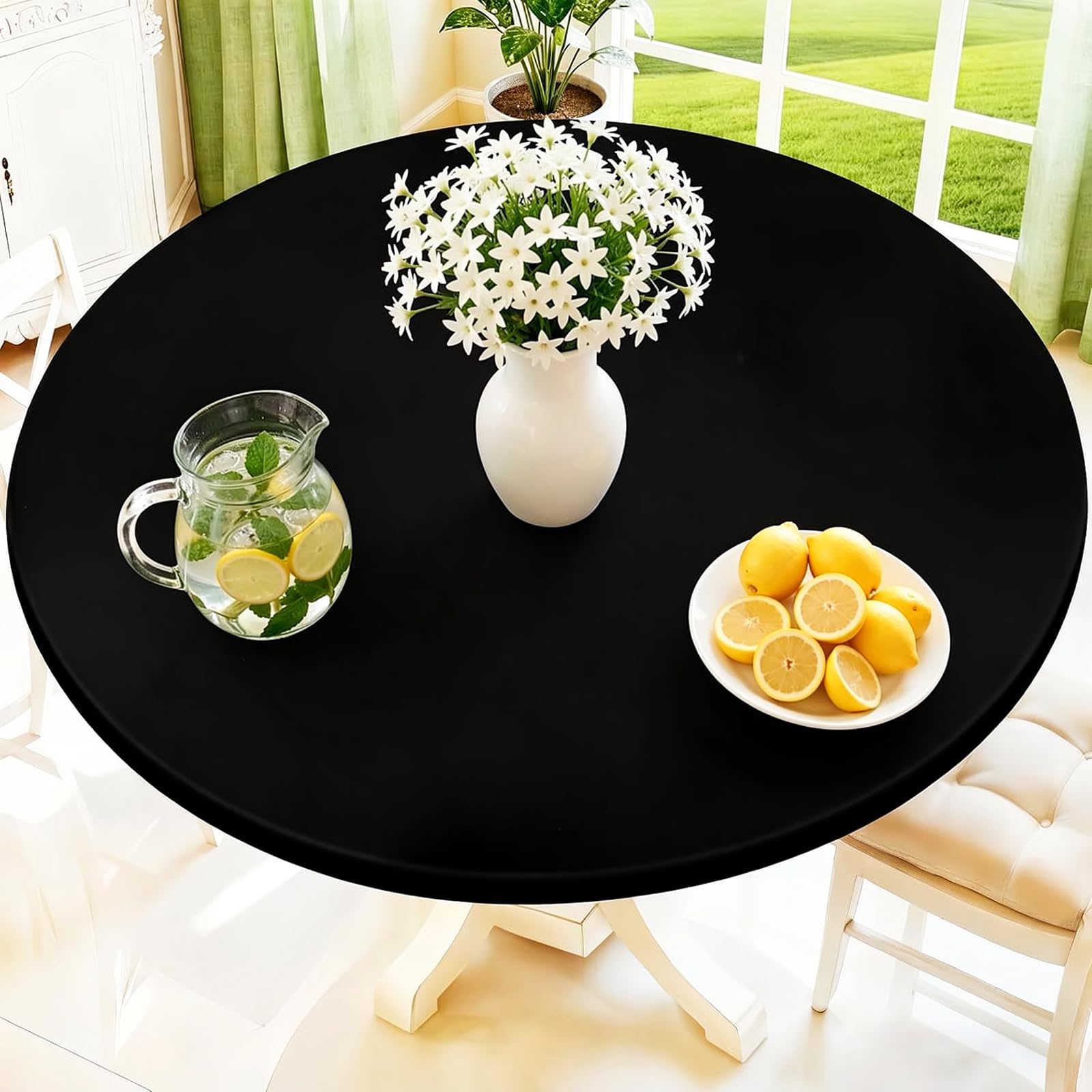 Photo 1 of Moosfor Round Spandex Tablecloth, Elastic Fitted Waterproof Tablecloths for 45"-56" Tables, Stretch Washable Picnic Table Cover for Camping, Dining, Indoor and Outdoor, Black