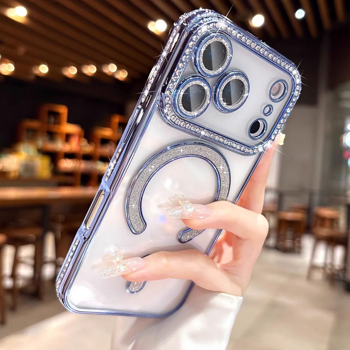 for iPhone 17 Pro Max Case Magnetic, [Compatible with MagSafe] Women Cute Clear Glitter Bling Diamond Rhinestone Sparkly Case Camera Lens Protectors Plating Cover 6.9'' 2025, Blue - Image 5