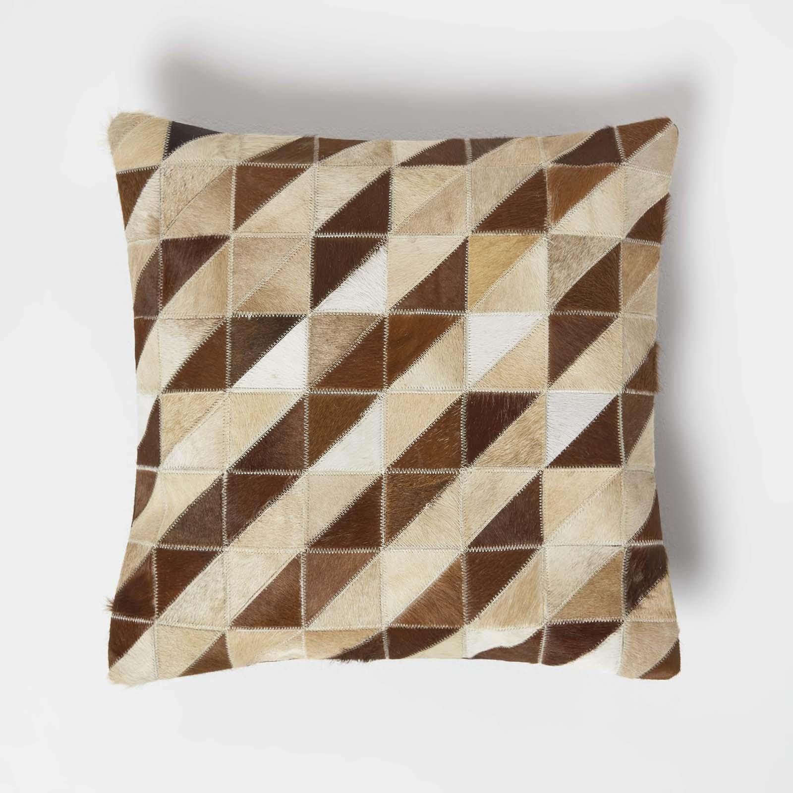 Homescapes Diamond Check Leather Cushion 45 x 45 cm in Brown | Size: 45cm x 45cm