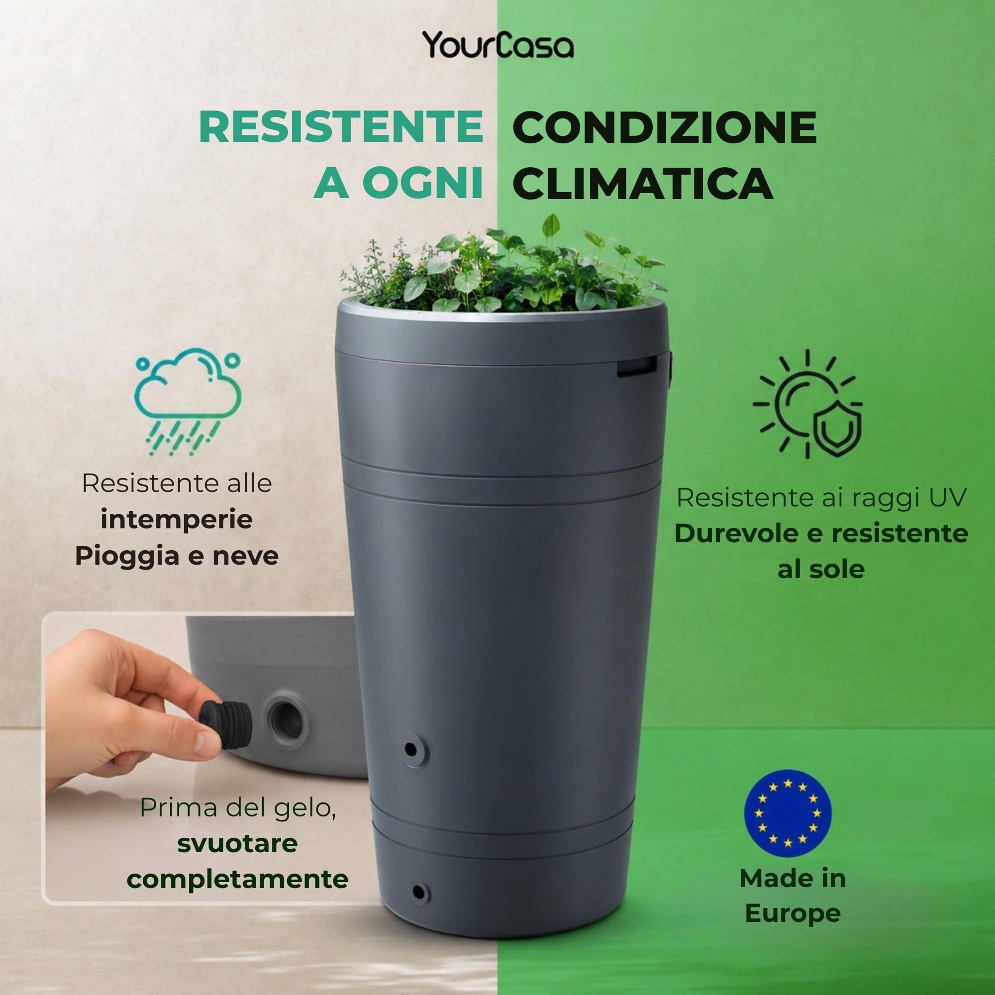 Yourcasa Serbatoio Acqua 230 litri [design Decore] in plastica resistente al gelo – Cisterna acqua con rubinetto e coperchio – Serbatoio acqua piovana giardino - raccolta acqua piovana (terracotta)