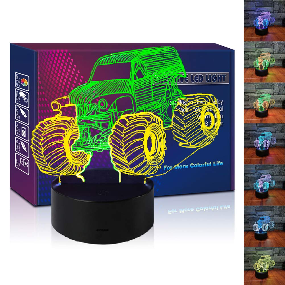 Monster Jam Truck 3D Illusion Led Lamp Mixed Color Car Night Light Birthday Gift Festival Present for Toddler Baby Boy Teen Men Kid Fan Home Toy Decoration Room Bedroom Decor (Monster3)