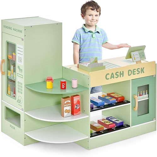 Miniatura 42 de Costzon Juego de tienda de comestibles para niños, tienda de juegos de simulación de madera con pizarra, caja registradora, máquina expendedora