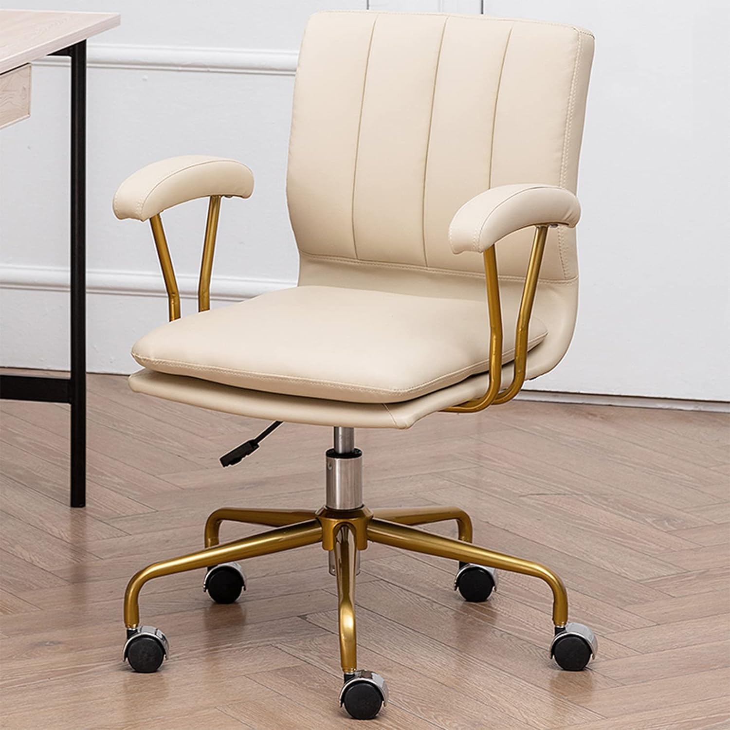 Silla de Escritorio de Oficina en casa, Silla de Oficina ergonómica Blanca con reposabrazos y Base Dorada, Silla de Escritorio de Oficina para Dormitorio, Sala de recepción