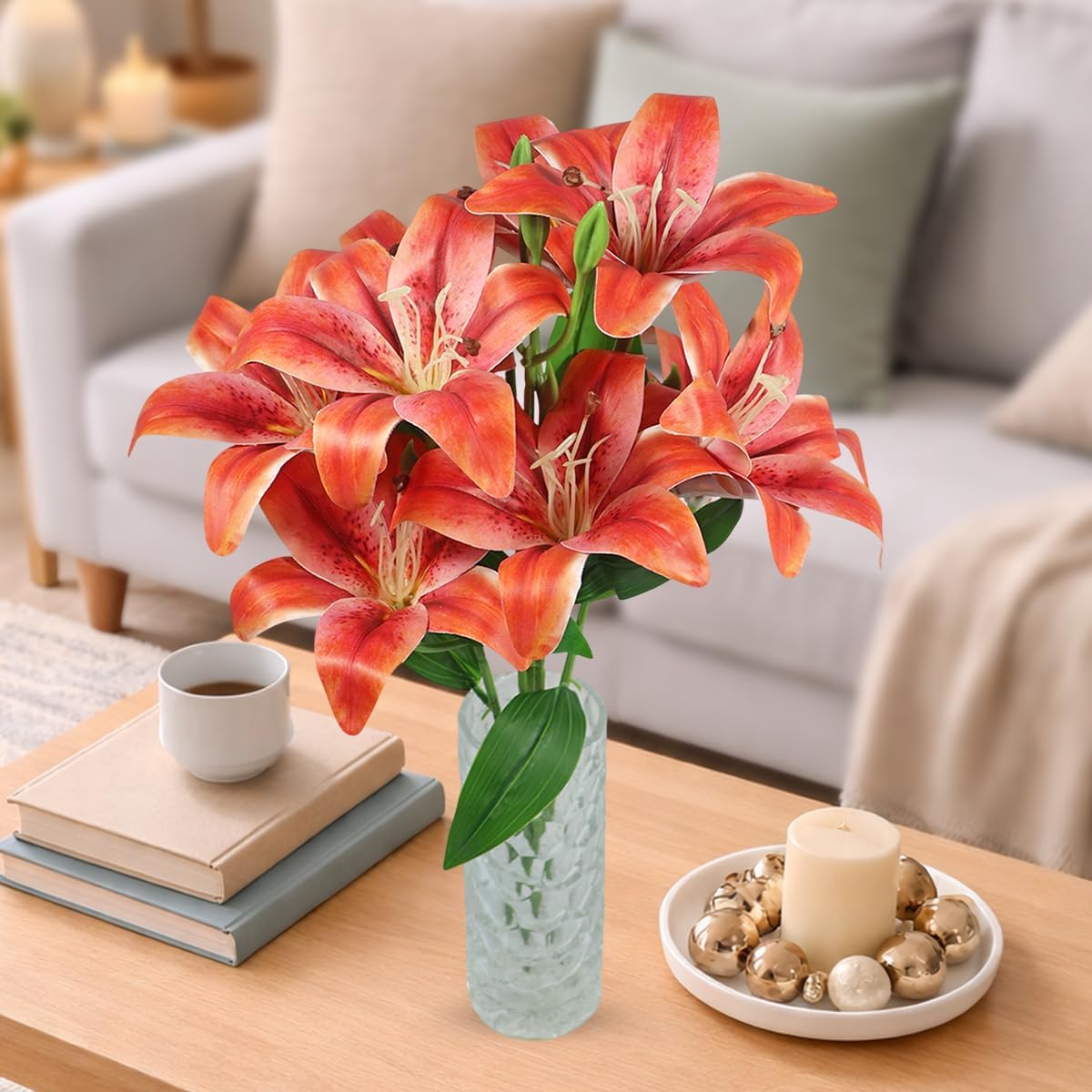 Artificial Orange Stargazer Lily Flowers Bouquet – 1 Pc 9 Flowers | Real Touch Faux Blooms for Home Decor, Bedroom, Living Room, Office, Table & Weddings (Without Vase Pot)