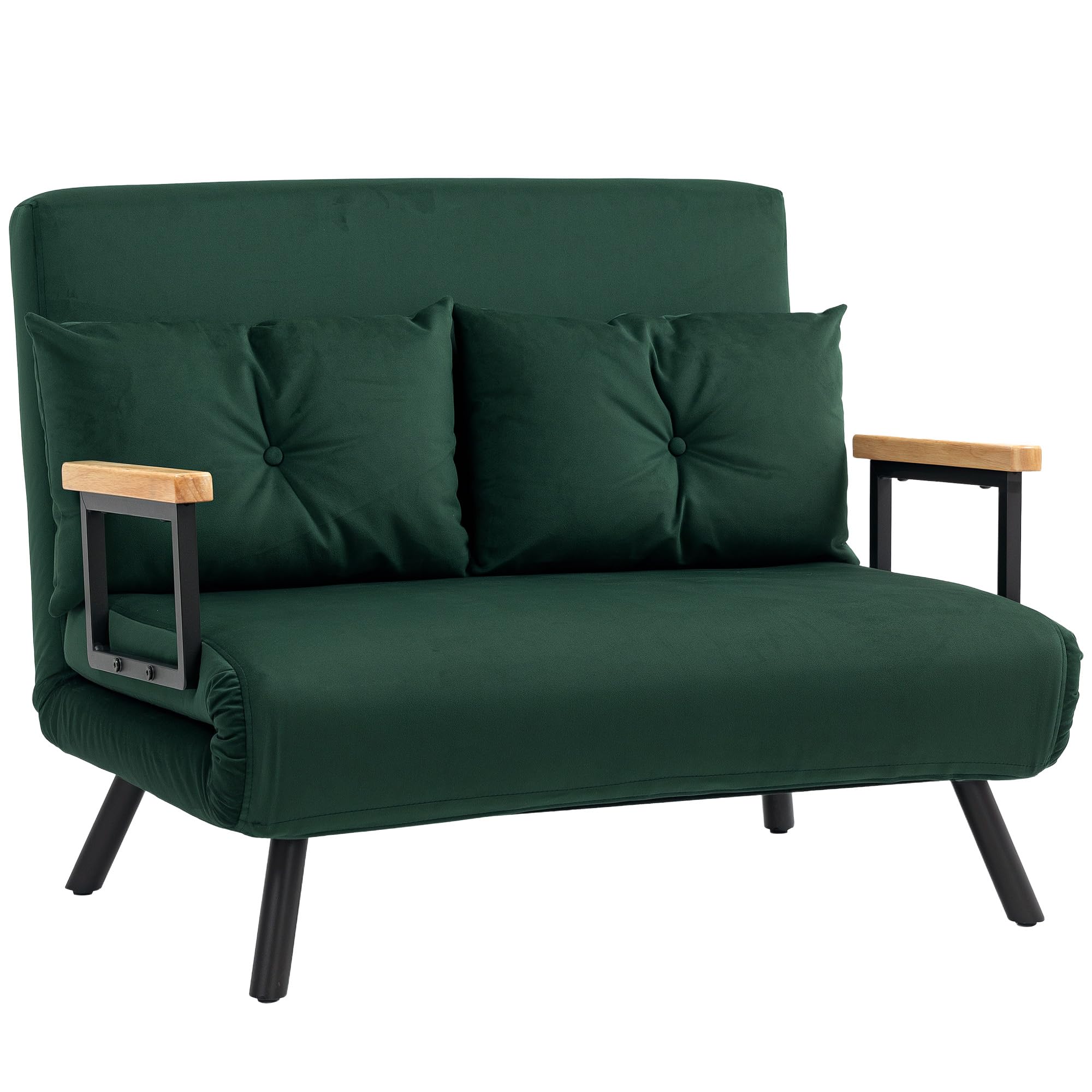 HOMCOM 2 Seater Sofa Bed - Green Click Clack Couch - Steel Frame Velvet Upholstery