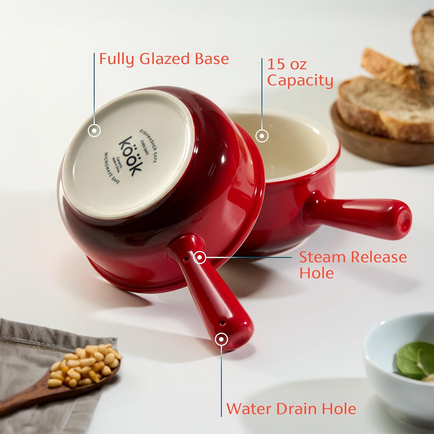 KooK French Onion Soup Bowls, French Onion Crocks, Bowl with Handles, 15 oz, Set of 4, Ceramic Bowls, Microwave, Dishwasher Safe & Oven safe, Stoneware (Red Ombre) - Image 2