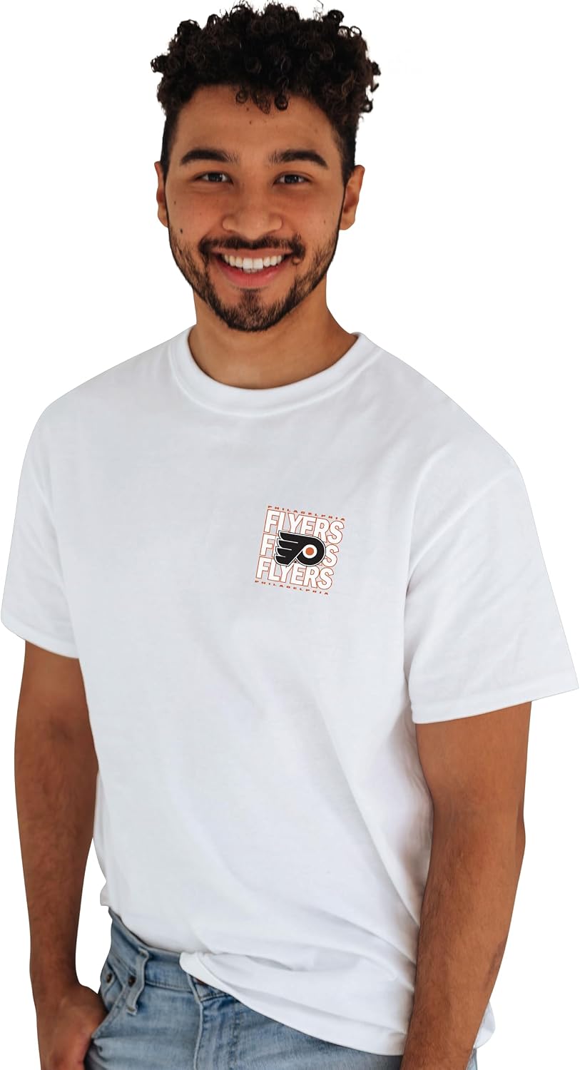 Blue 84 NHL Officially Licensed T-Shirt Front/Back Curl White