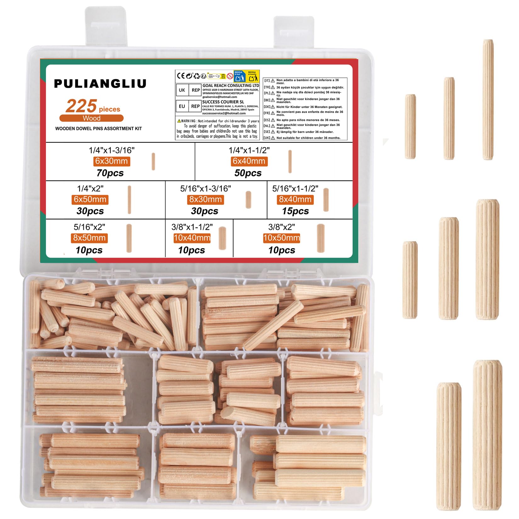 PULIANGLIU 225 Pcs M6 M8 M10 Wooden Dowels Assorted, Hardwood Fluted Pins Plugs