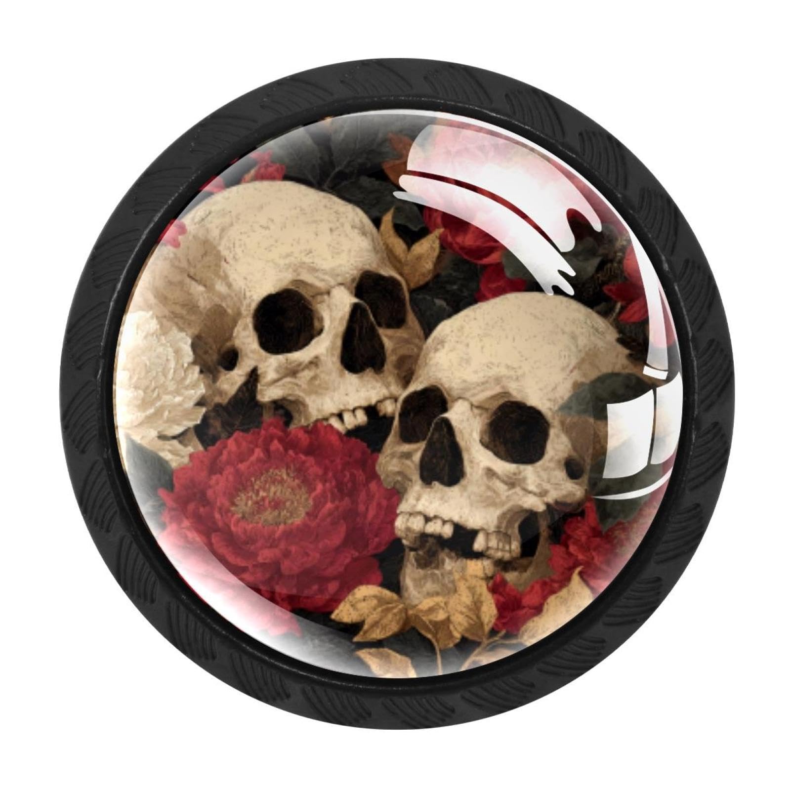 CHENZZZZ 4 Pieces Skulls Flower Drawer Knobs, 35mm Black Kitchen Cabinet Knobs, Drawer Pulls and Knobs, Glass Cabinet Hardware Single Hole Knob for Cabinets and Drawers Round