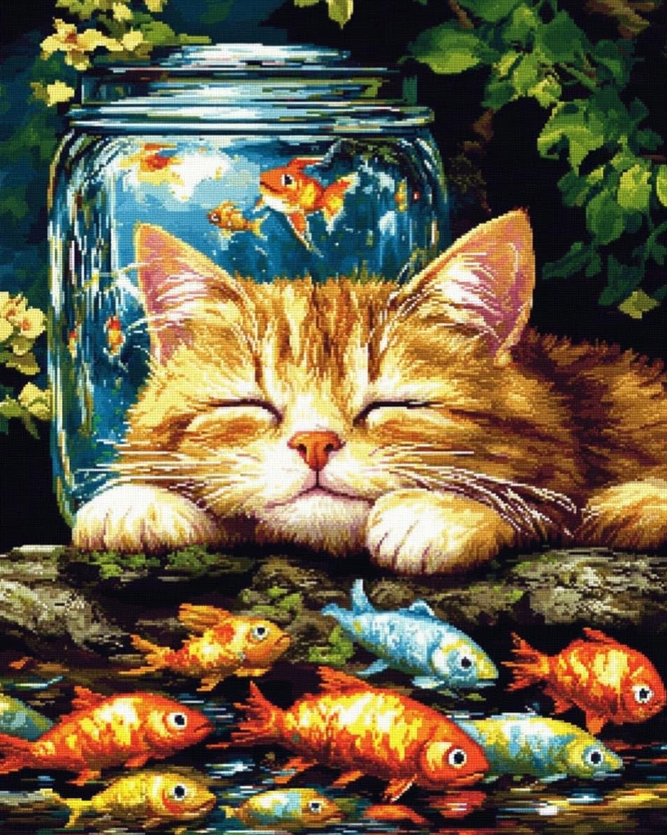 WallustrioaW Cross Stitch Embroidery Kits for Adults,Cats and Goldfish,Embroidery Starter Kits 11CT Stamped Cross Stitch DIY Crafts Gift,16x20in