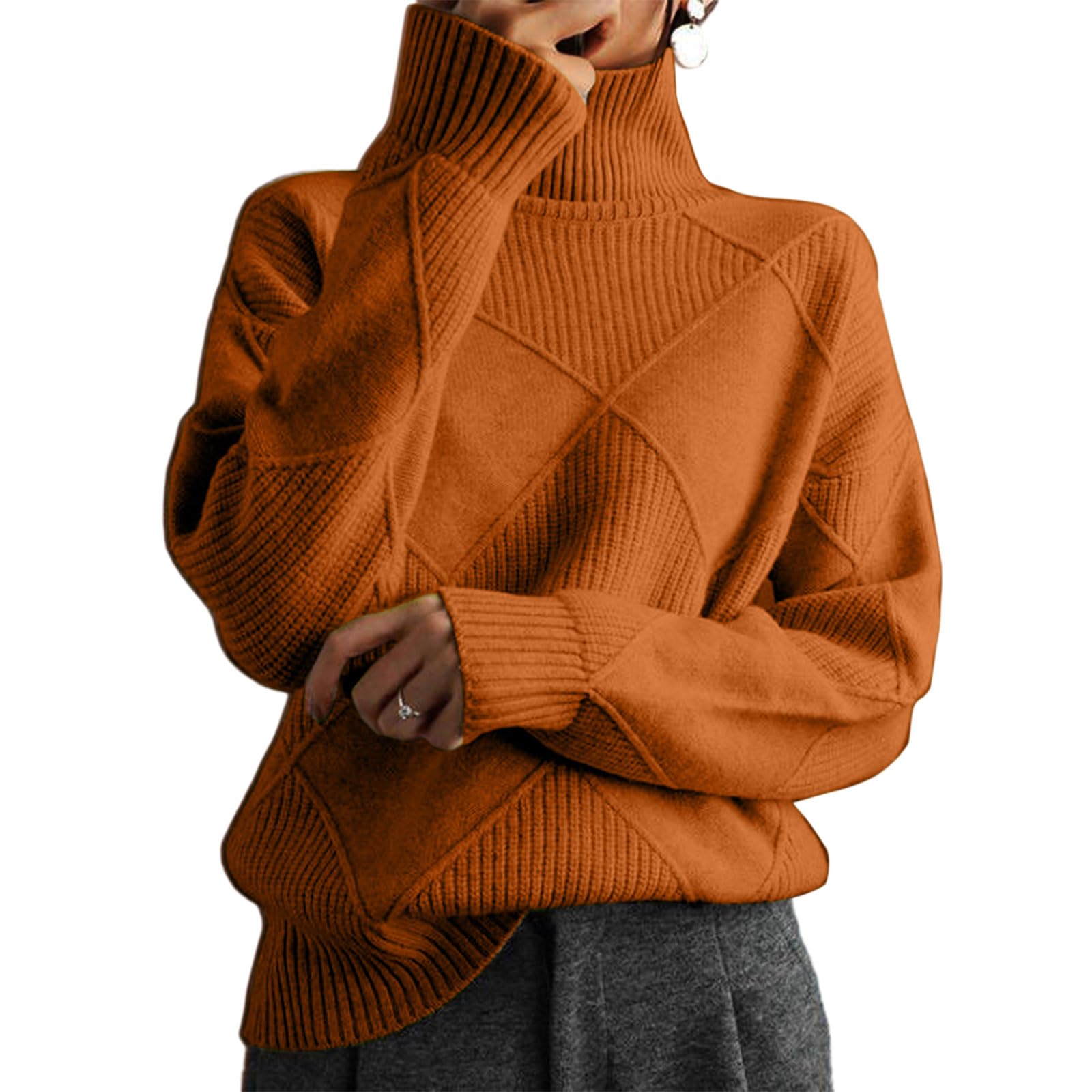 Womens Fall Winter Turtleneck Oversized Sweater Casual Long Sleeve Solid Color Chunky Knit Jumper Sweaters