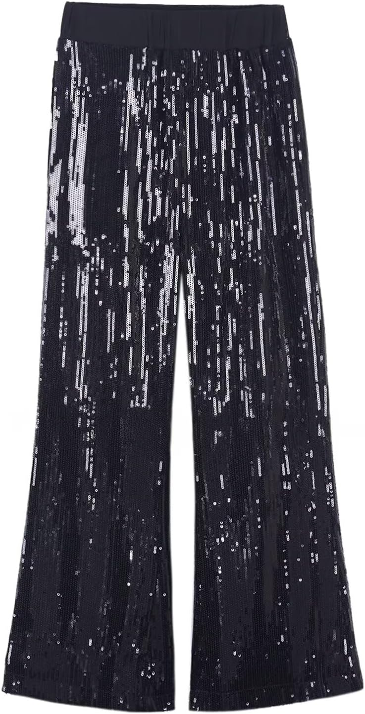 Girls Sequin Flare Pants Sparkle Elastic Waist Dance Pants with Pockets