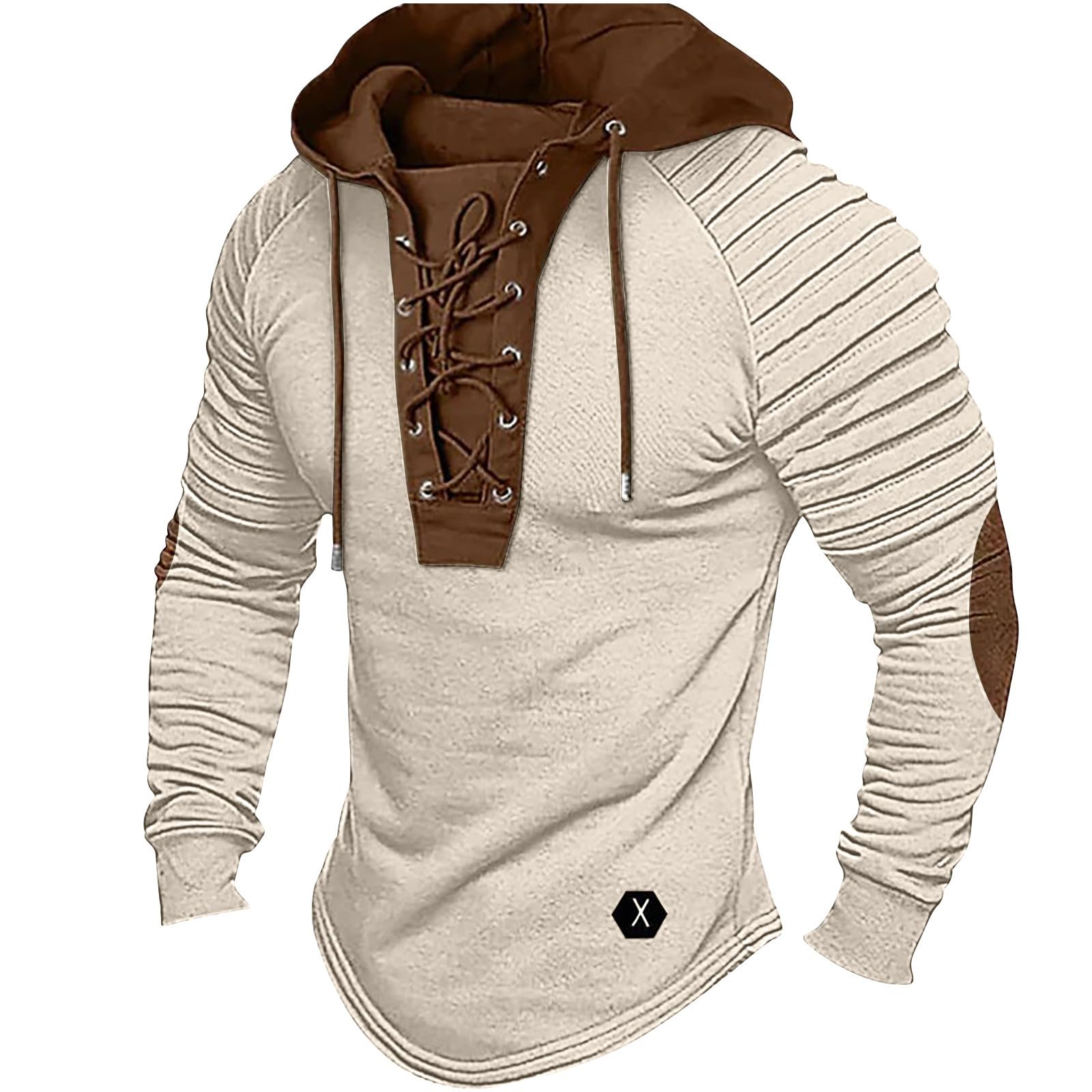 Mens Lace Up Hoodies Distressed Retro Cotton Muscle Pullover Western Tactical Military Casual Work Tops Slim Y2k Tees