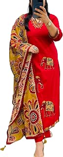 Women's Cotton Embroidered Anarkali Kurta and Palazzo with Dupatta Set