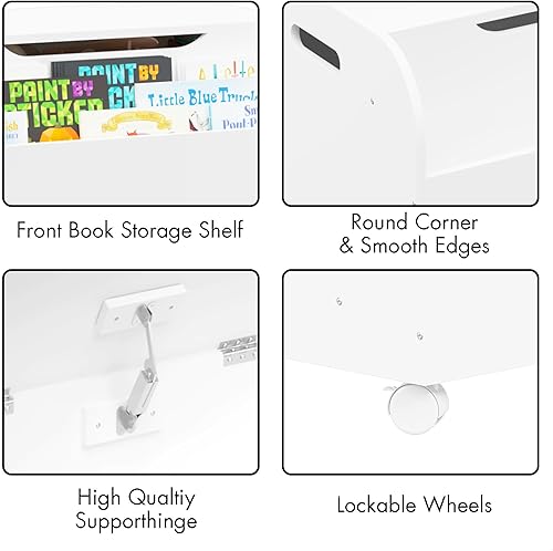 Miniatura 3 de GDFStudio Caja de juguetes grande con 4 ruedas universales, organizador de juguetes para niños con estantería delantera, tapa abatible, bisagra de