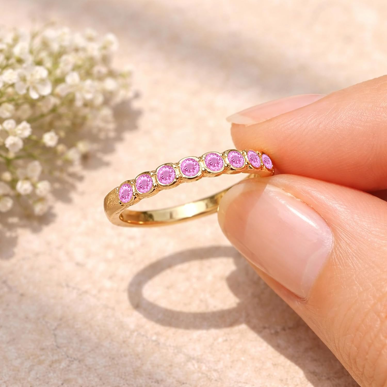 Round Cut pink Sapphire Bezel Set Wedding Anniversary Band For Women, 14K Gold Plated 925 Silver September Birthstone Blue Sapphire Bezel Half Eternity Ring