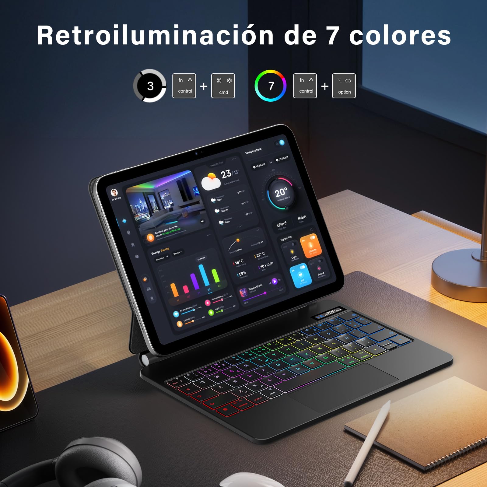 KBCASE Magic Keyboard iPad para Air 11'' M4 /M3/ Air 6/5/4 Gen y iPad Pro 11 4/3/2/1 Gen, Teclado iPad Air 11" con 7 Colores Retroiluminación, Trackpad Multitáctil, Indicador de batería, Español (Ñ)