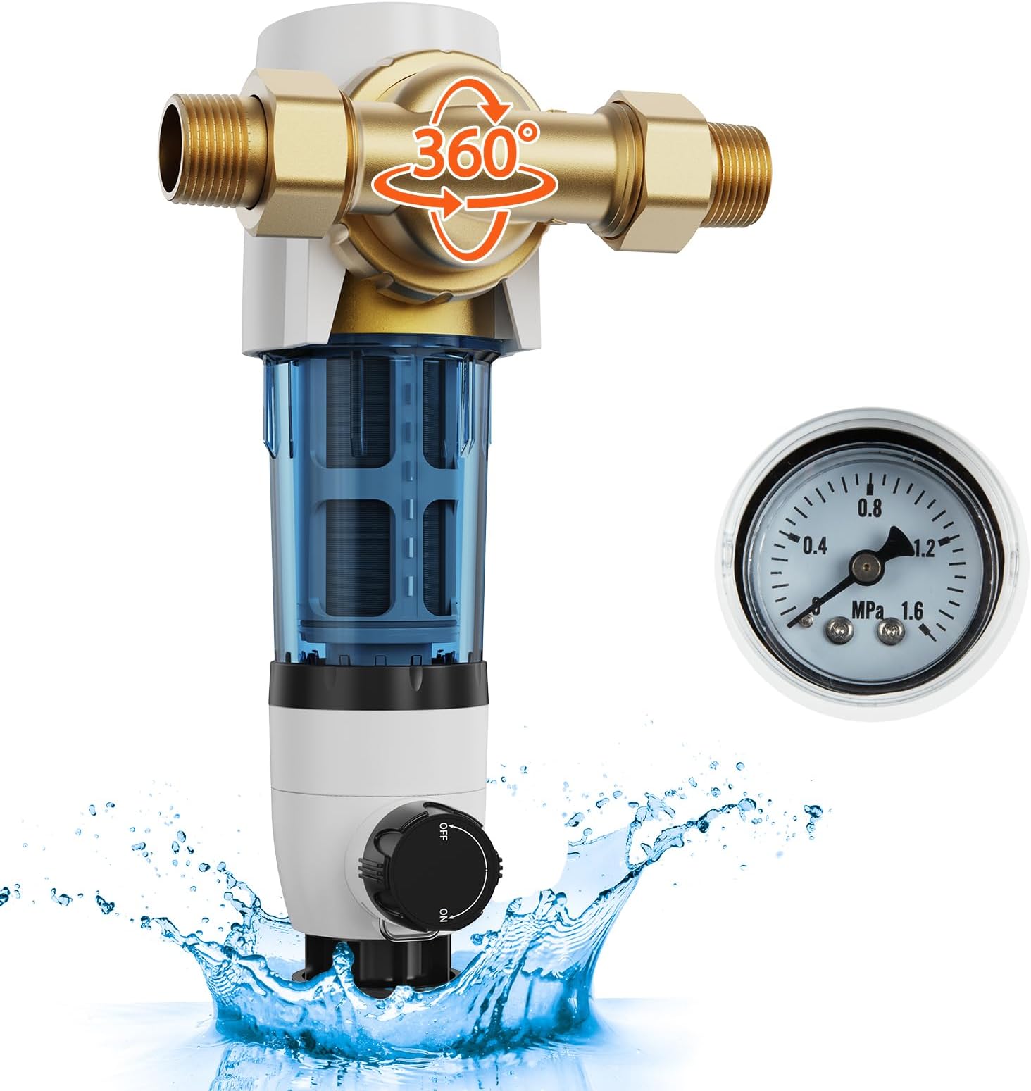 VEVORSediment Filter, 360° Mountable Spin Down Sediment Filter, 4Th Gen Backwash Pre-Filtration, Bi-side Scraper Flush, 20 GPM Reusable Whole House Sediment Water Filter, Pressure Gauge, 3/4" MNPT