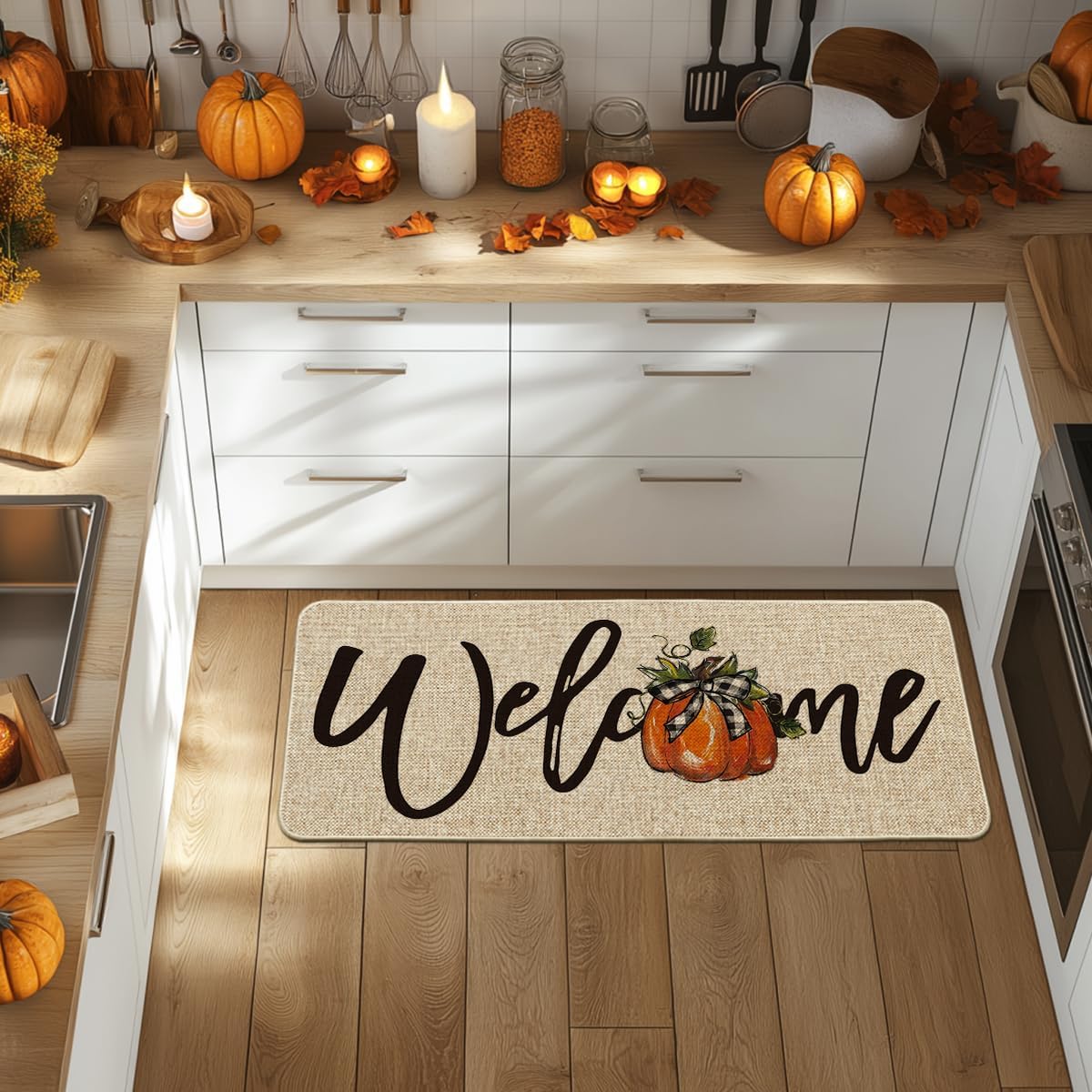 Artoid Mode Bow Tie Pumpkin Fall Welcome Doormat, Autumn Home Decor Low-Profile Runner Rug Door Mat for Indoor Outdoor 24x59 Inch
