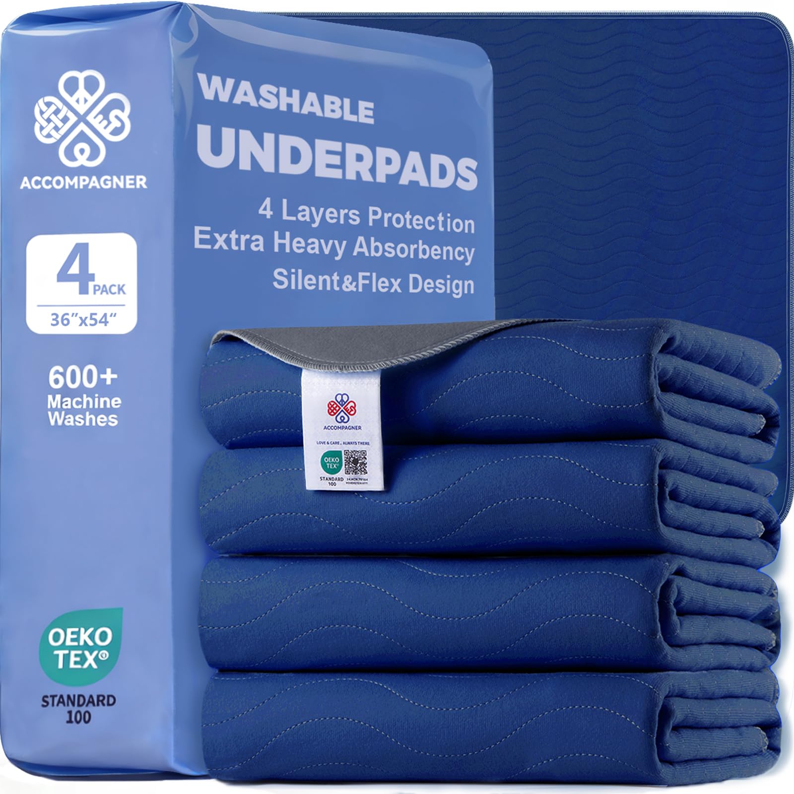 Accompagner Incontinence Bed Pads Washable Waterproof, Ultra-Absorbent Reusable Underpads for Diaper Changing, Nursing, Bedridden, Adults, Seniors, Kids and Dogs (Navy, 36"x54"(Pack of 4))