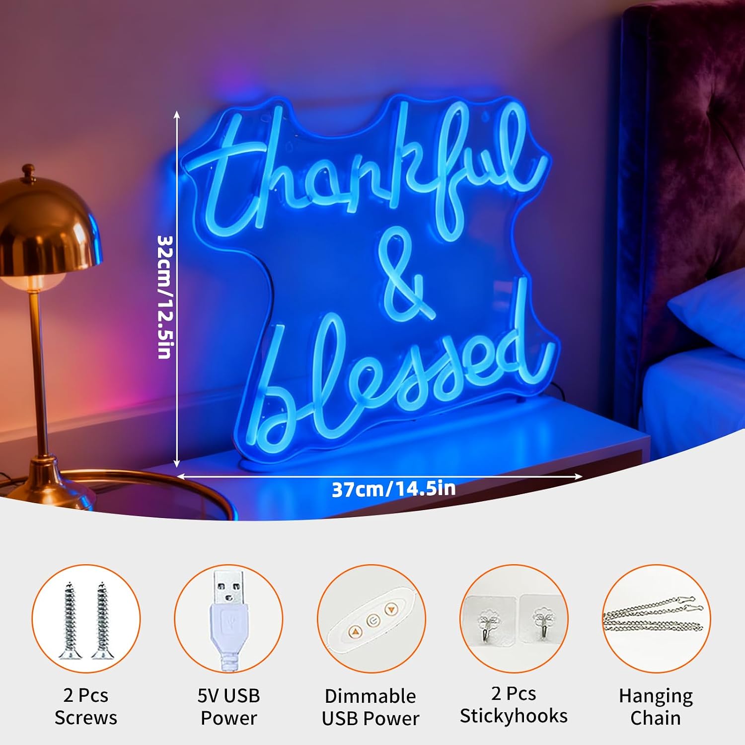Thankful and Blessed Neon Sign, USB Powered Dimmable Decorative Neon Light for Home Living Room Bedroom Entryway Gratitude Themed Party Decor Wall Table Light Up Sign 14.6 x 12.6 In
