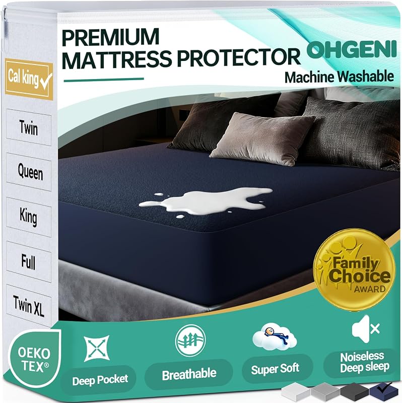 OhGeni Waterproof Mattress Protector, California King Size Mattress Pad Fitted with Deep Pocket 6"-18", Soft, Washable DirtProof Mattress Cover, Navy Blue, More Than 99 pcs fibers, Daybed Cover