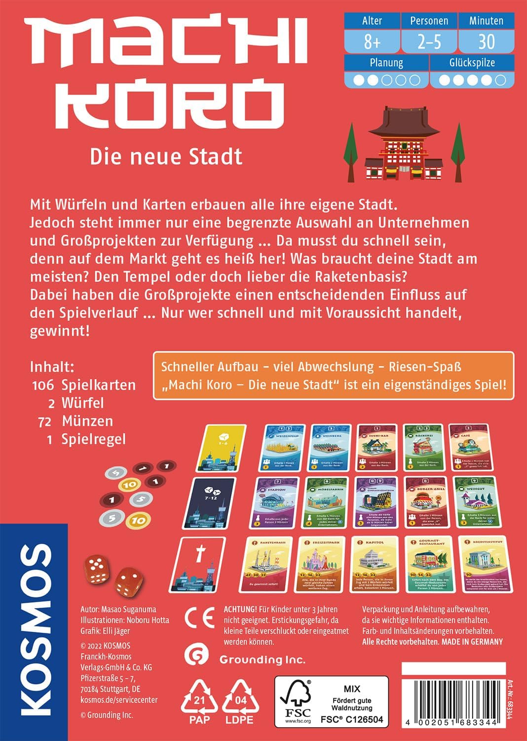 Kosmos 683344 Machi Koro - The New City, Quick Assembly - Lots of Fun, Compact Game with Cards and Dice, for 2 to 4 People, from 8 Years, Board Game