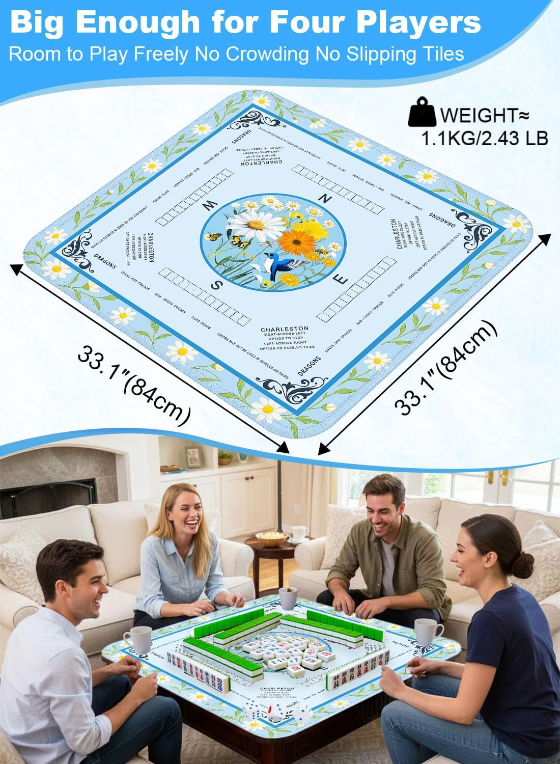 Large Mahjong Mat 33.1"×33.1", American Mah Jongg Mat with Rules, Quiet Non-Slip No-Crease Mahjong Table Cover, Floral Gaming Mat for Mahjong, Poker, Dominoes & Board Games (Light Blue)