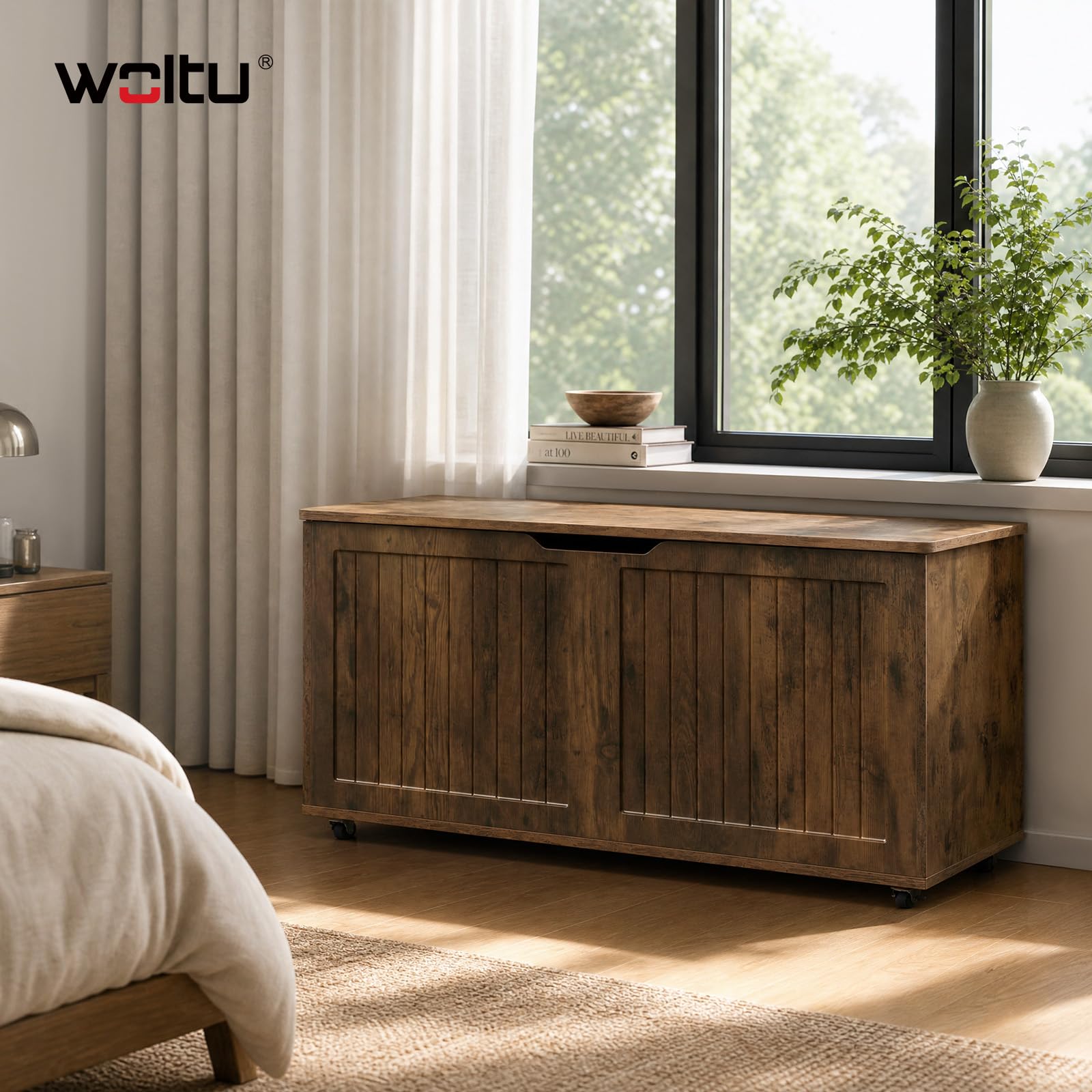 WOLTU Banc de Rangement à roulettes, 100 x 50,5 x 40 cm, Coffre de Rangement avec Couvercle Rabattable à Charnières, pour Chambre, Entrée, Salon, Brun Rustique