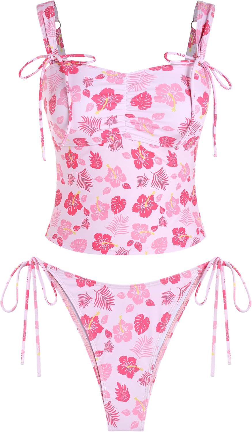 ZAFUL Women's Gingham Ruched Bowknot Decor Cinched Back Tankini Set Tummy Control 2 Piece Bikini Swimsuits