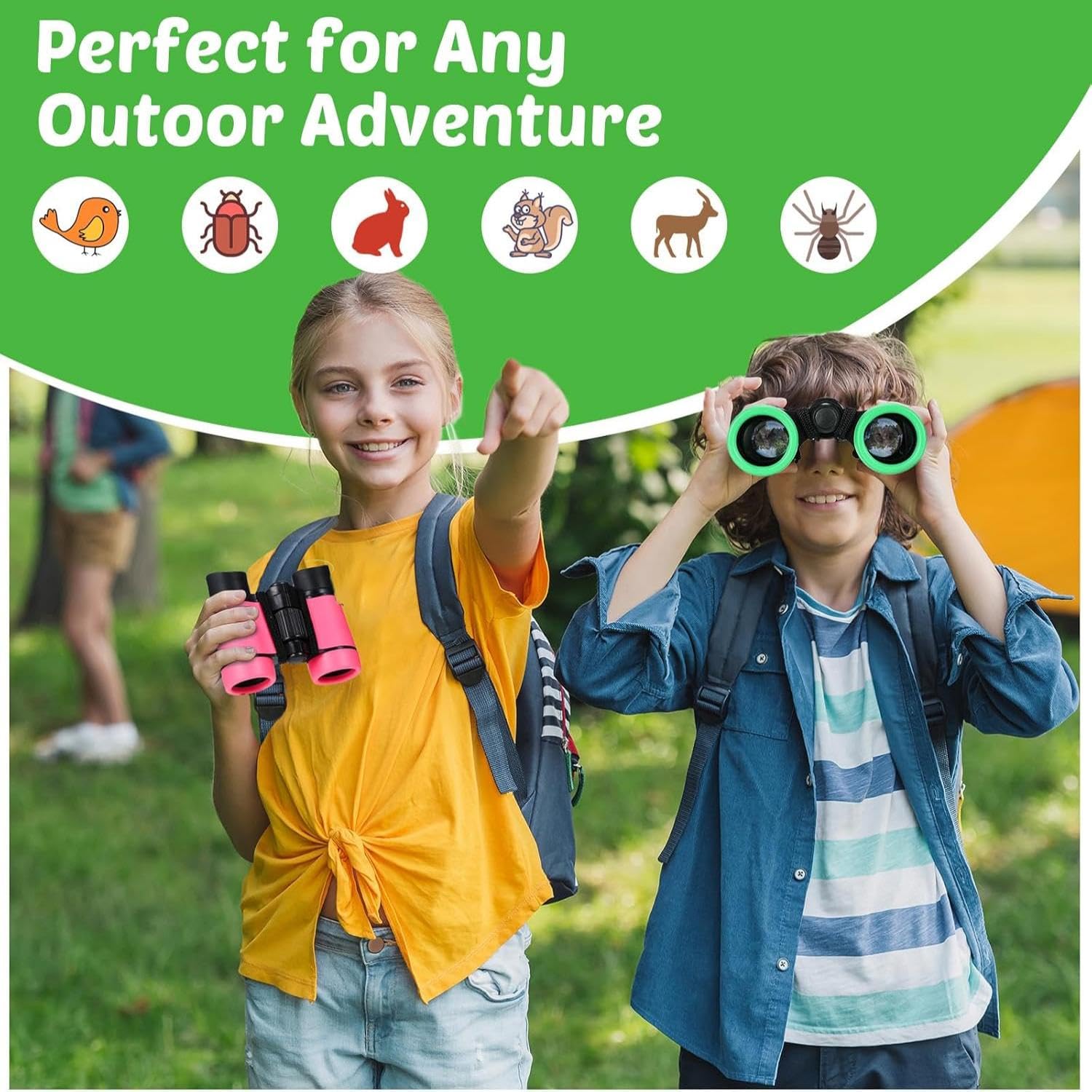 Juego de 8 prismáticos para niños, a prueba de golpes, plegables, mini prismáticos compactos con brújula, lupa para niños de 3 a 12 años, observación de aves, campamento, juegos al aire libre 7