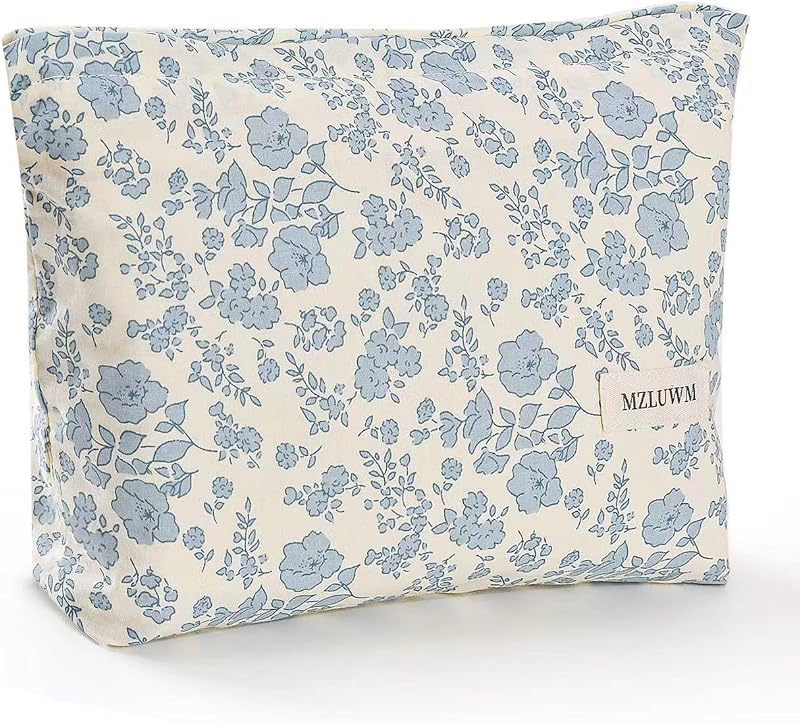Necessaire de maquiagem floral MZLUWM azul com zíper, 25,91 x 17,53 x 1,02 cm, 1 unidade