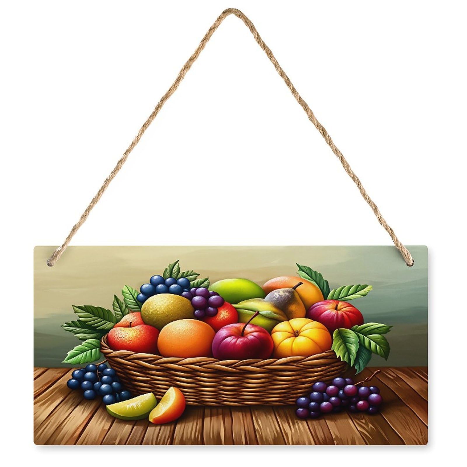 Fruit Basket Wooden Hanging Plate 10x5 Inch Home Art Wall Decor No Frame Needed Easy to Hang for Cafe Living Room Garden Yard Fruit Basket