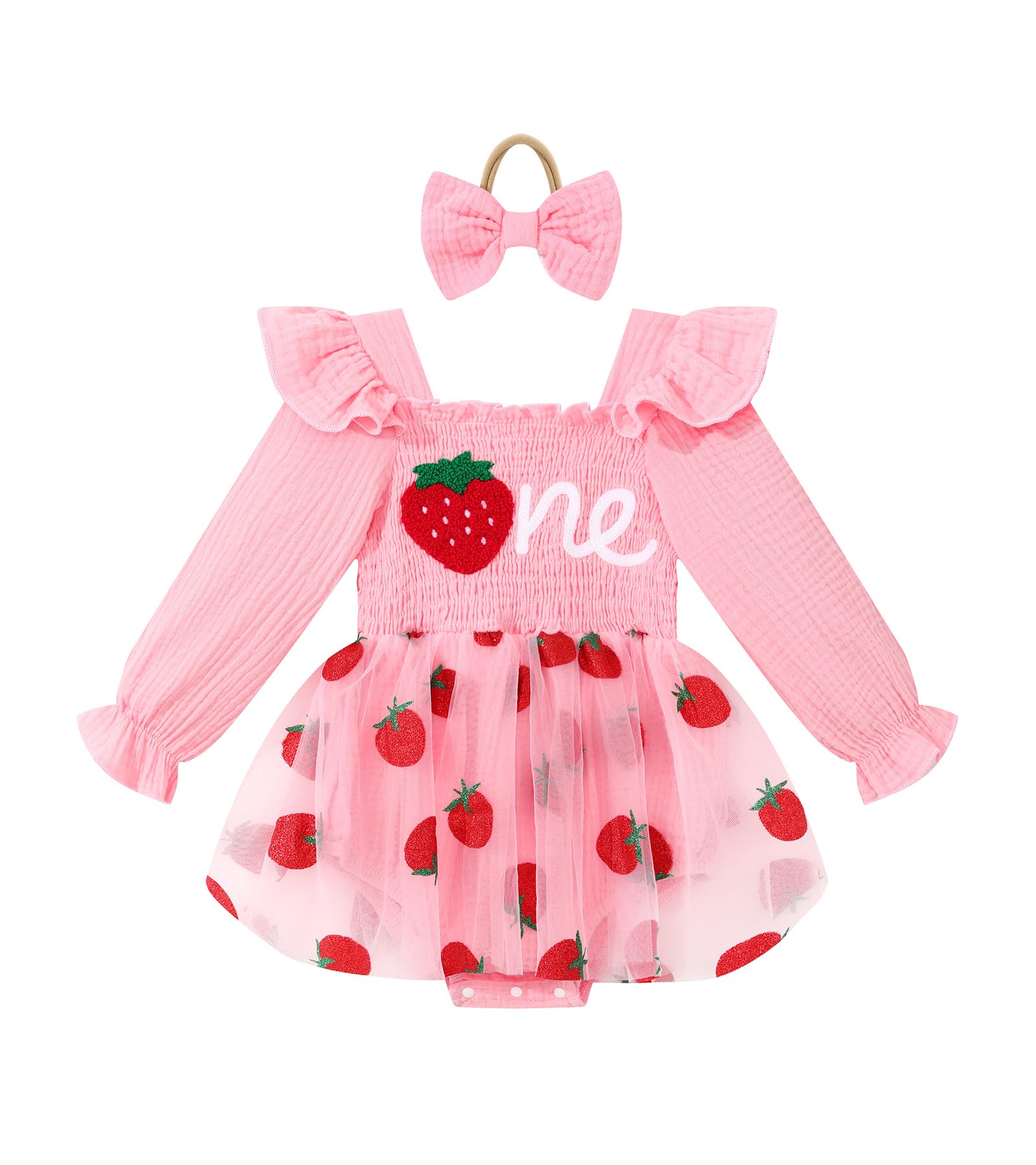 Baby Girl First Birthday Outfit Long Sleeve Smocked Fairy Berry One Romper Tulle Dress Headband