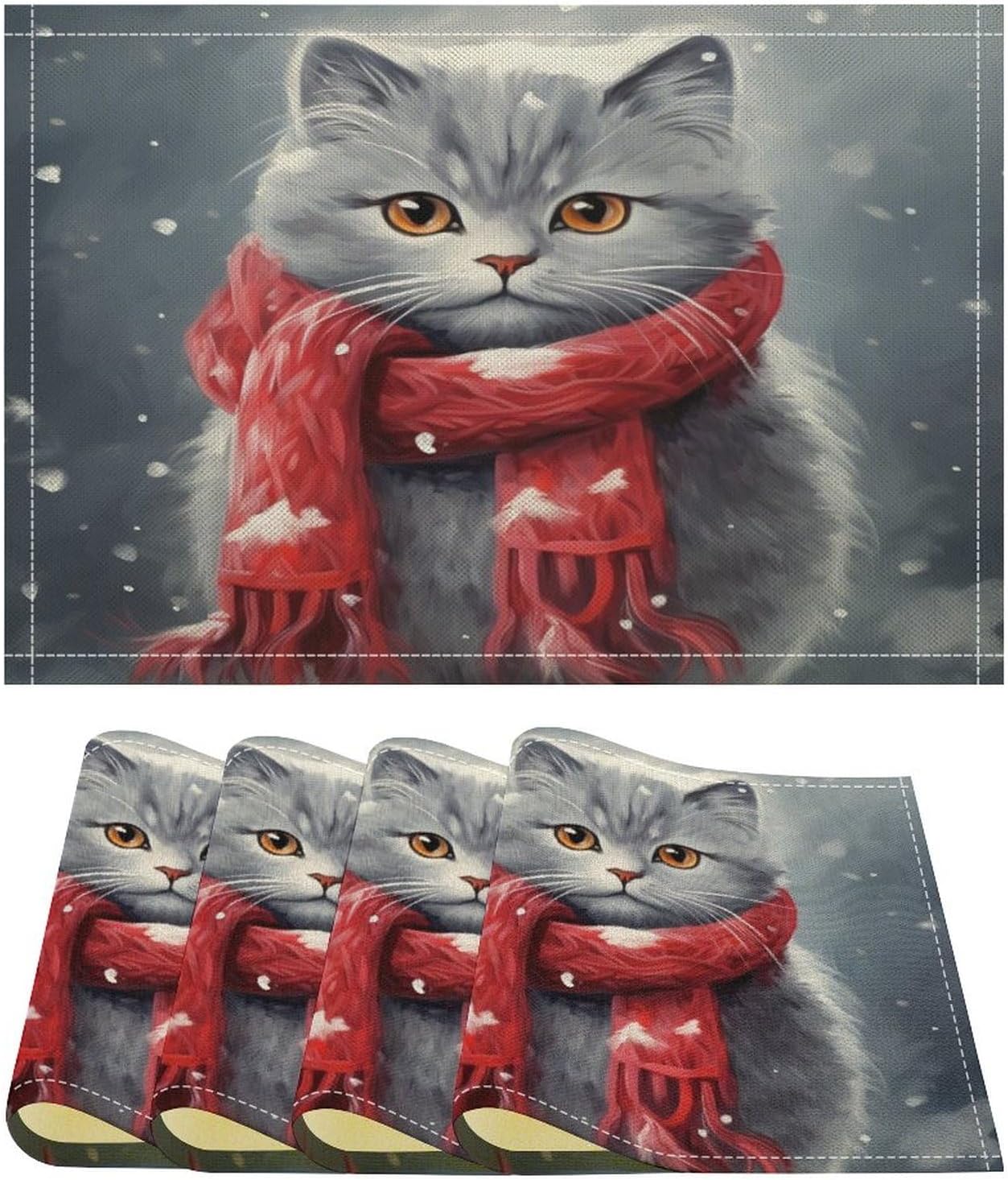 Wintery Cat with Red Scarf Table Placemats Set of 4 Happy