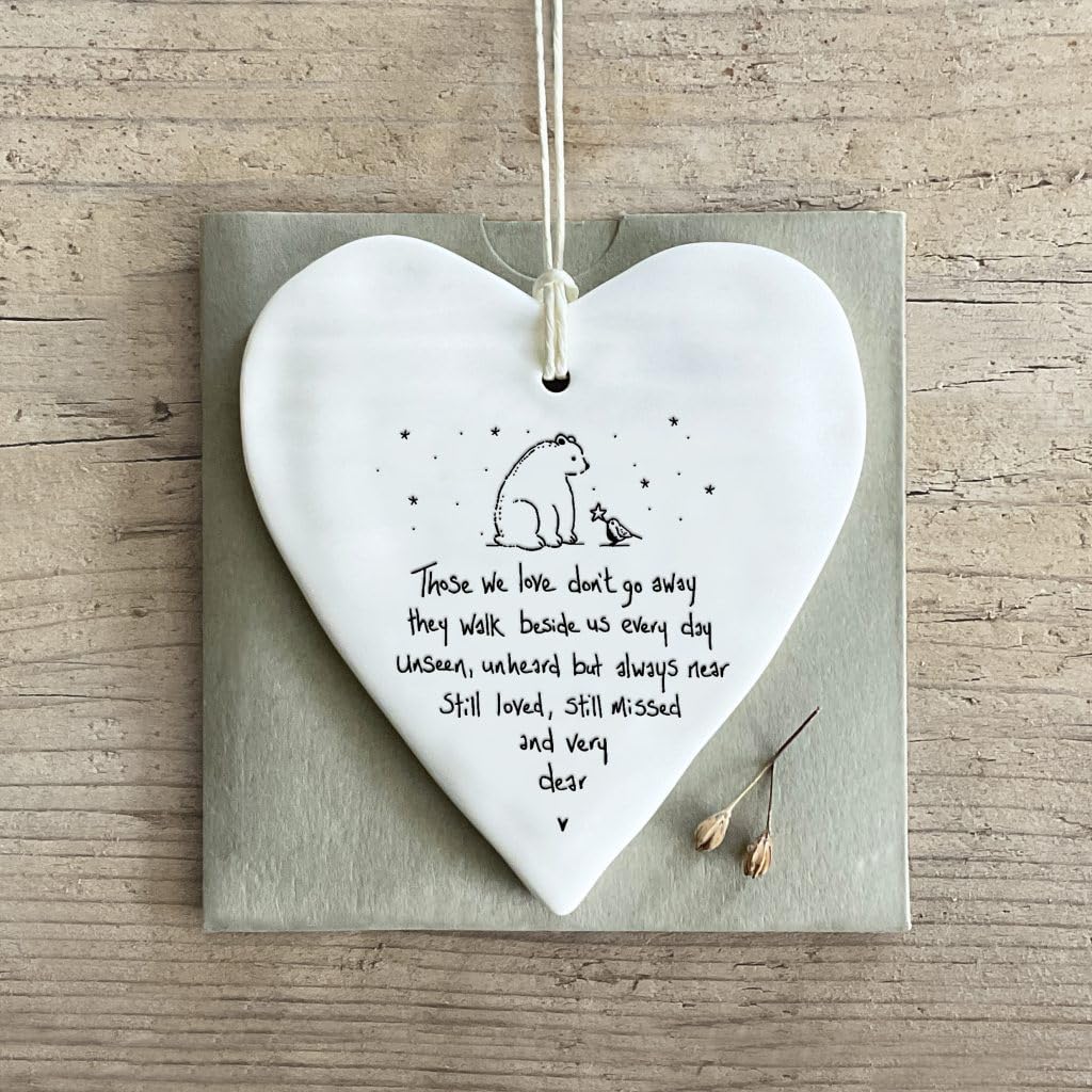 East of India White Ceramic Heart ""Those we love don't go"" Hang Dec sign 10x9cm