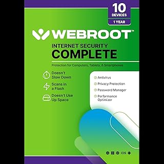 Webroot Internet Security Complete | Antivirus Software 2026 | 10 Device | 1 Year Keycard for PC/Mac/Chromebook/Android/IOS + Password Manager, Performance Optimizer | Packaged Version