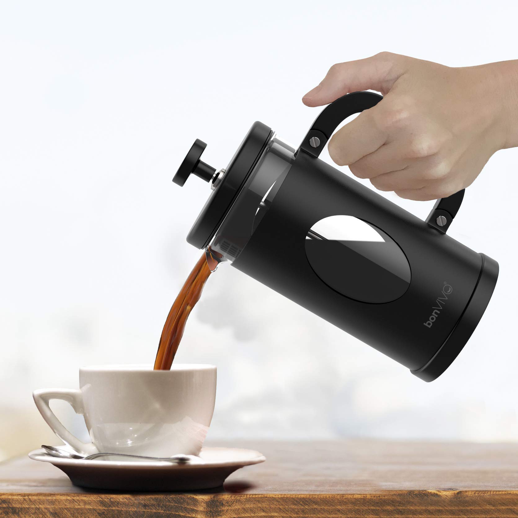 bonVIVO French Press 8 Tazze Nera con Caraffa di Ricambio 1L - Caffettiera a Stantuffo in Vetro Borosilicato per Caffè, Tè e Cold Brew