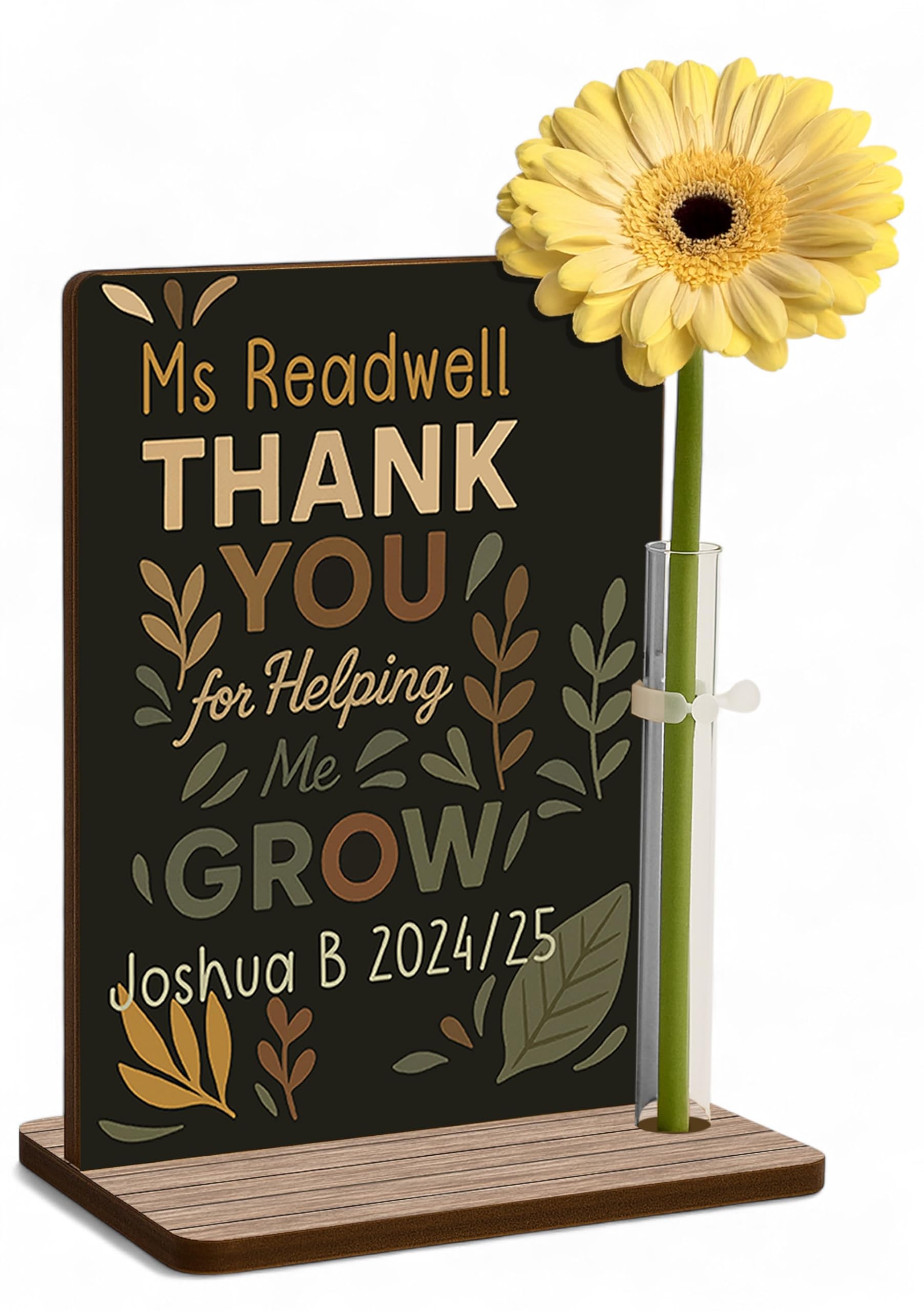 The Plum Penguin Leafy Vibes Personalised Teacher Thank You Gift Freestanding Wooden Plaque Optional Flower Thank You For Helping Me Grow Custom Names End Of Term Gift Ta Nursery Childminder Tutor (Leafy Vibes)