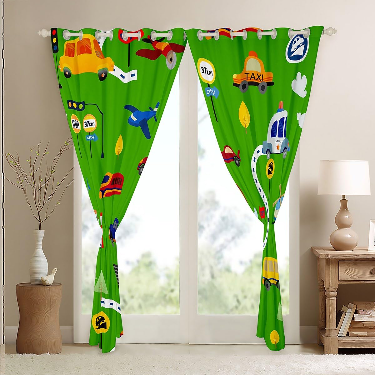 Loussiesd Excavator Kids Window Drapes Fire Truck Police Car Boys Curtains Helicopter Bus Ambulance Window Curtains for Bedroom Living Room Cartoon Vehicle Cars Window Treatments Green W46*L72 - Image 4