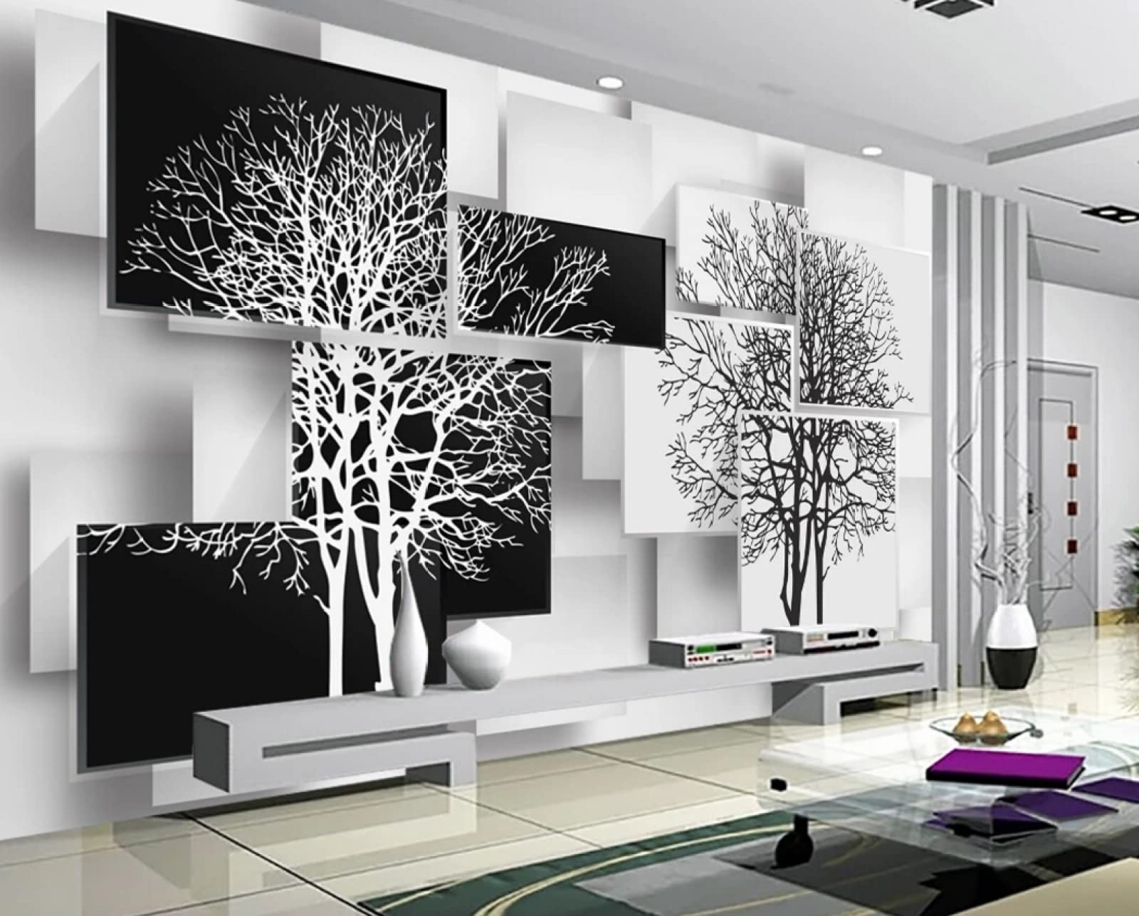 Papier peint panoramique arbre noir et blanc au design 3D pour tapisserie de prestige