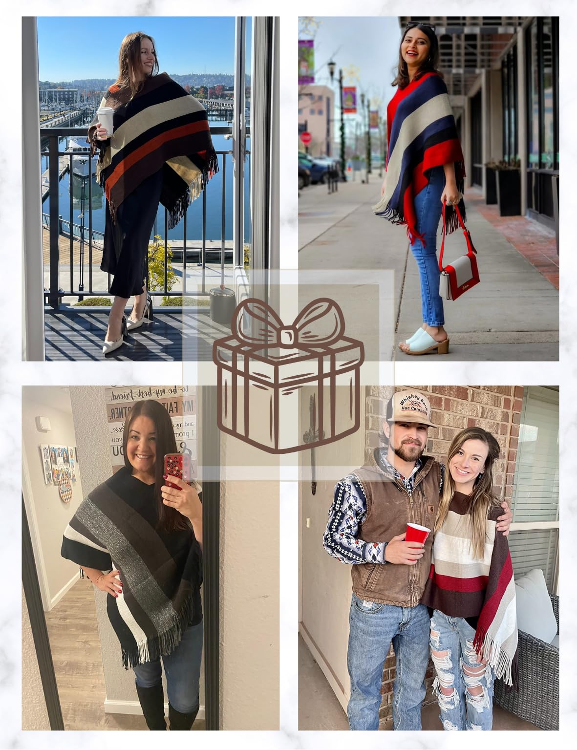 Ferand - Pullover Poncho de Punto para Mujer - Estola, Chal Elegante, Diseño de Rayas Grandes y Flecos, Cálido