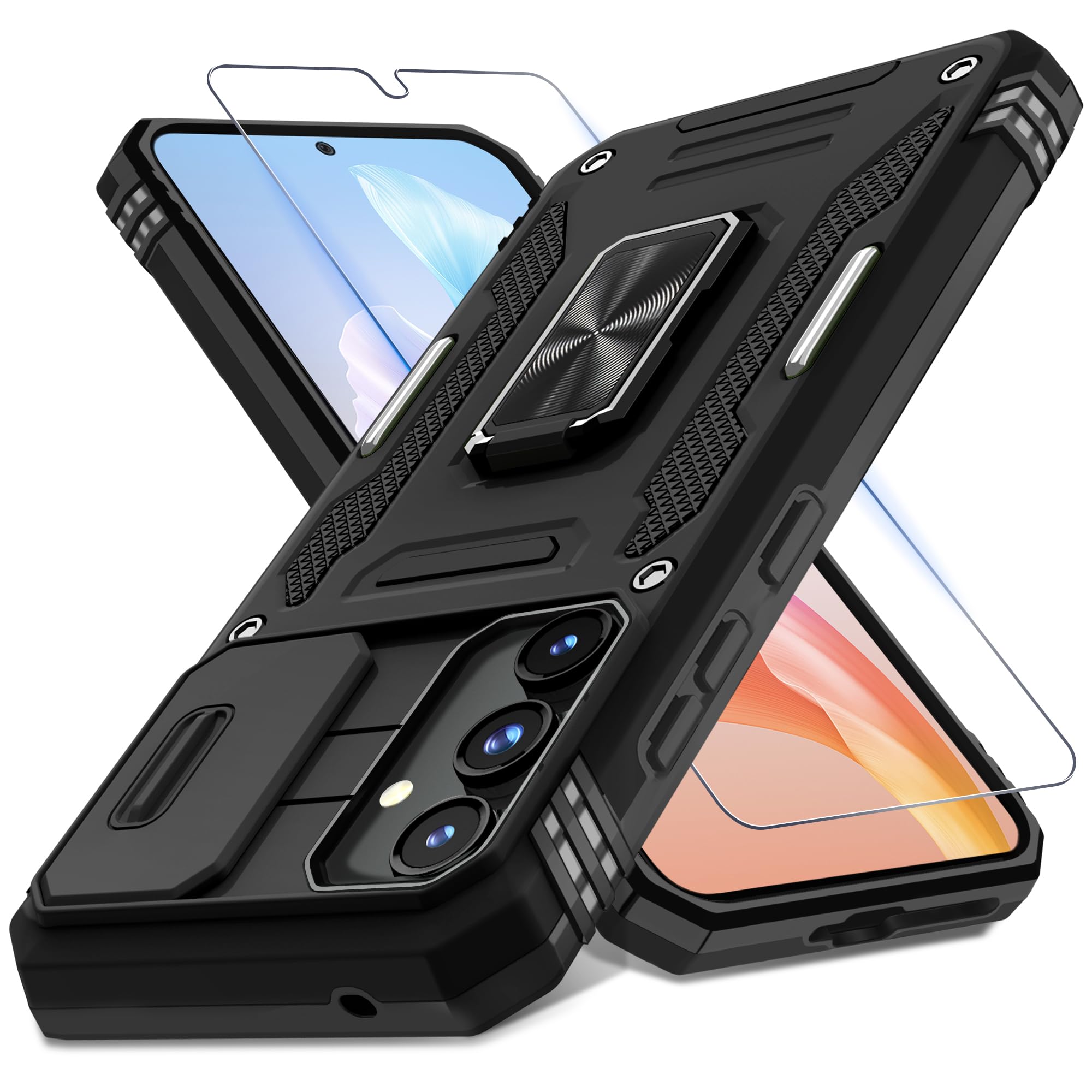 DEERLAMN Case for Samsung Galaxy A35/A55 5G with Slide Camera Cover+Screen Protector (1 Pack), Rotated Ring Kickstand Military Grade Shockproof
