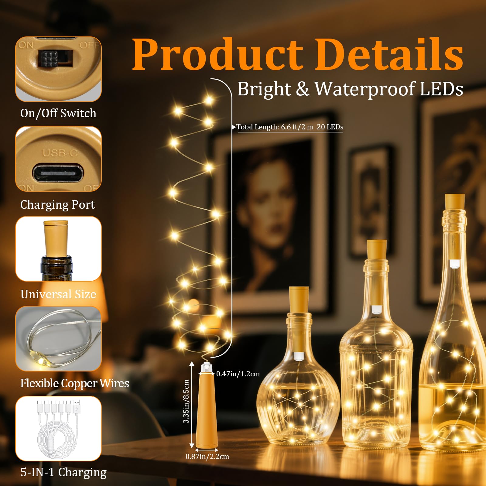 PChero Luces de botella de vino recargables por USB con corcho y temporizador remoto | Paquete de 10, 20 luces LED de 2 m, para manualidades, fiestas, bodas, Navidad, Halloween, festivales, decoración de bar