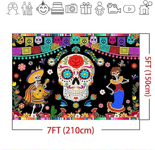 Miniatura 6 de Mocsicka Telón de fondo del Día de los Muertos, 7 x 5 pies, diseño de calavera de azúcar mexicana, fondo de fotografía de Dia DE Los Muertos,