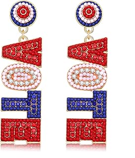 American Patriotic Earrings - Red, White & Blue Beaded Dangle Earrings for Women - President Vote Campaign Accessories