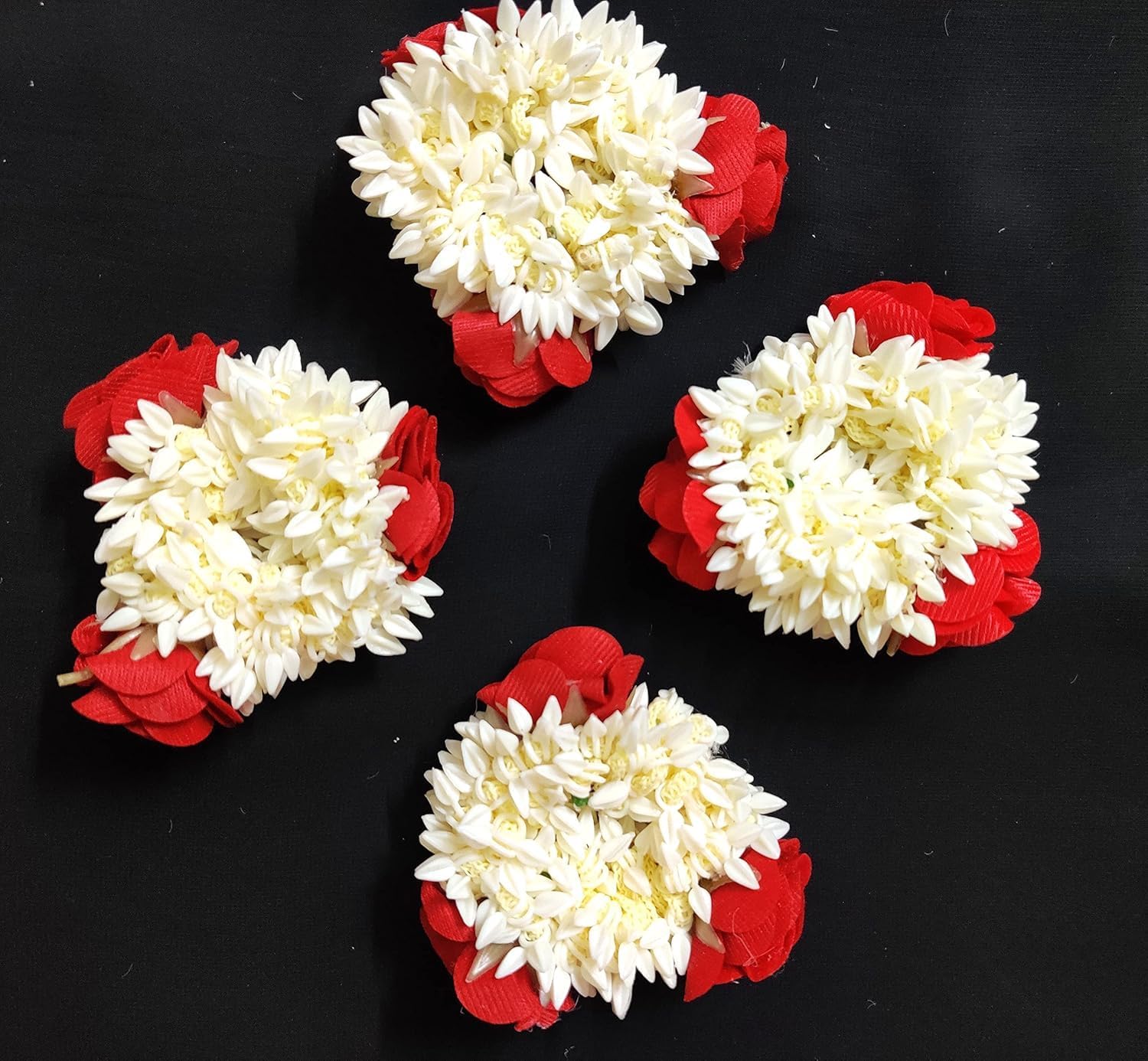 Mogra Scented Hair Rubber Band Gajra for Women & Girls-Artificial Jasmine Flower Hair Accessory | Traditional Floral Hair Bun Decoration (Off White, Red, 12 Pcs)