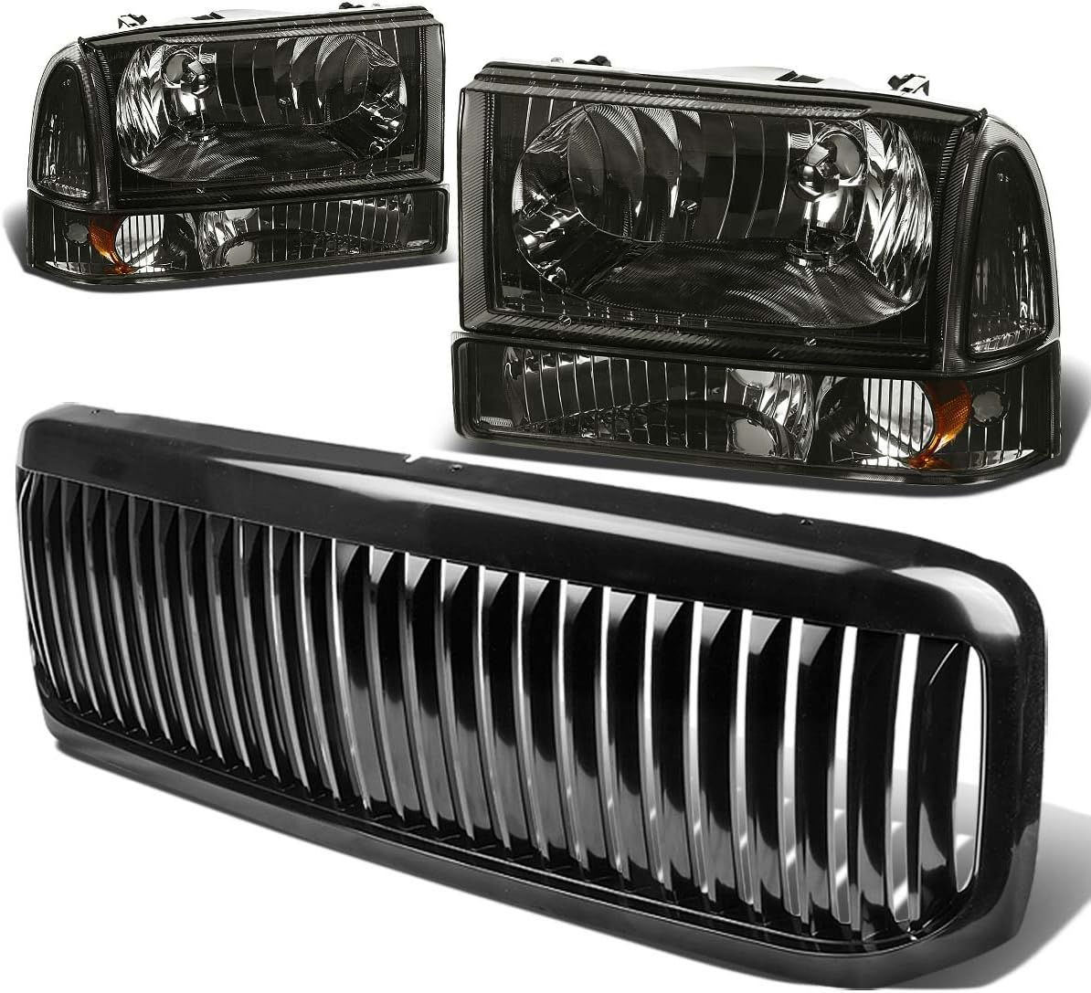 Smoke Lens Headlights Assembly Bundle with Black Front Bumper Vertical Style Grille